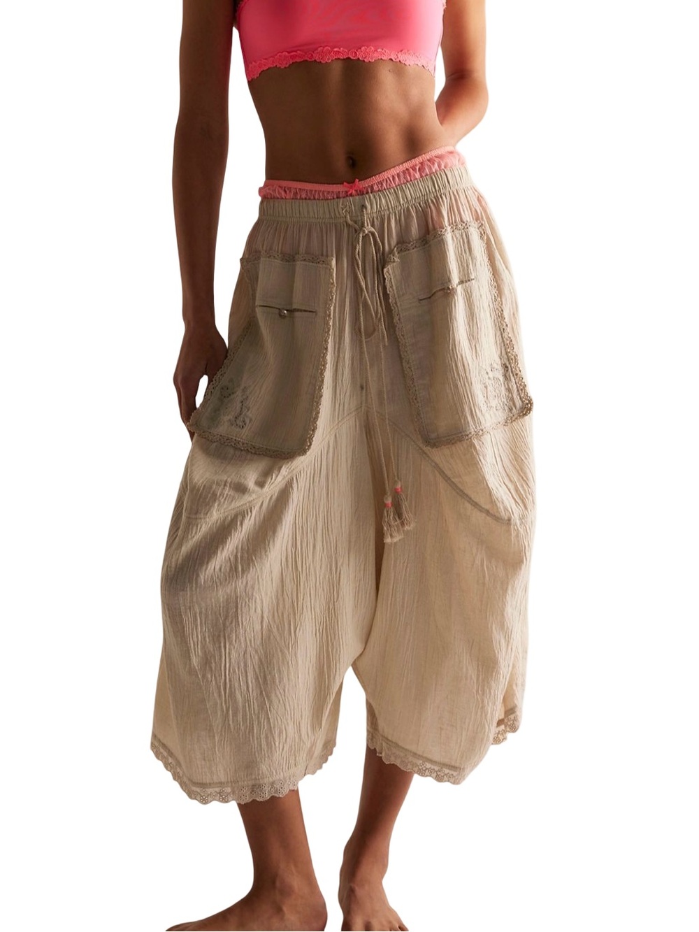 Free People Beige Cargo Harem Pants with Tassel Drawcord color is morning oat